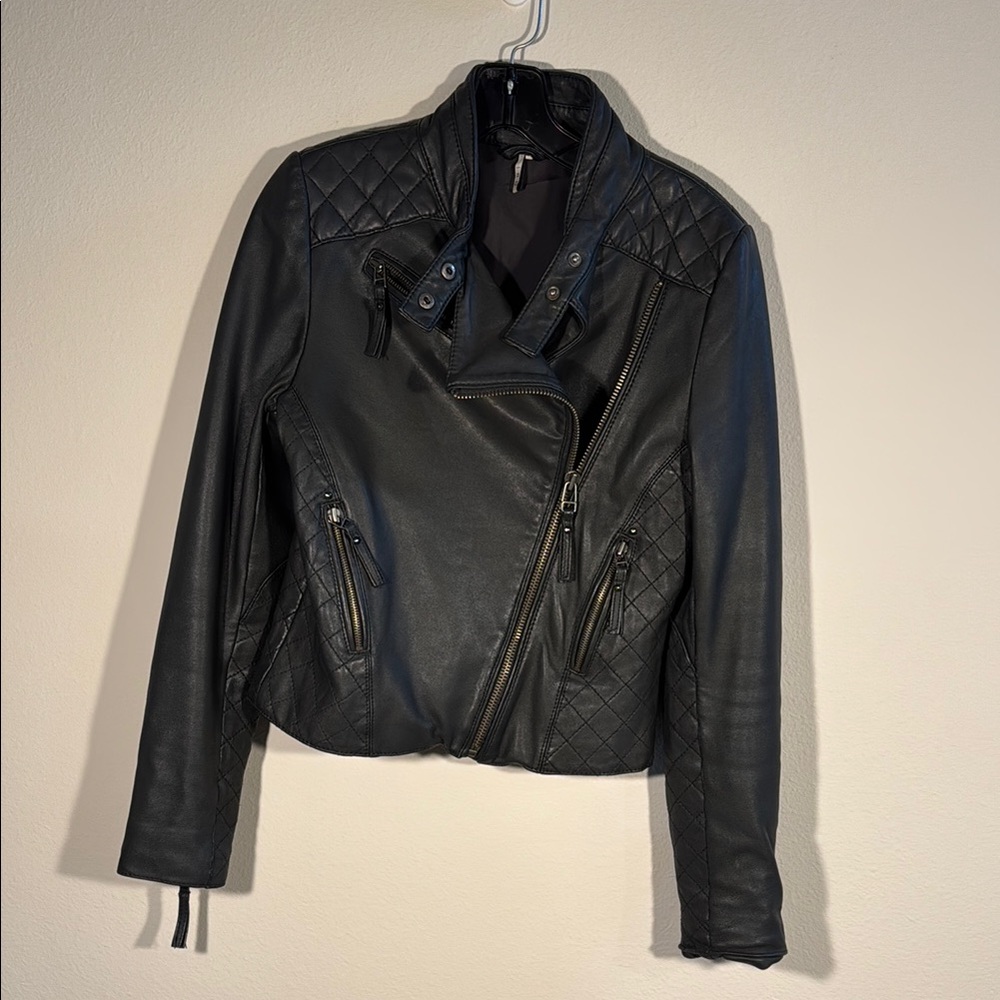 IRO Black Leather Moto Jacket Asymmetrical Zipper